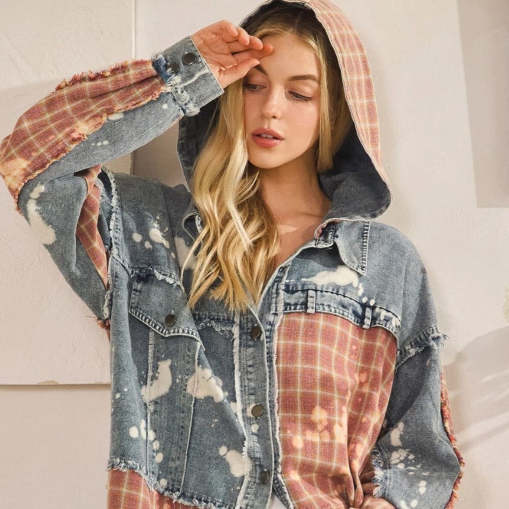 Oli & Hali XL Patchwork Denim Hooded Jacket Frayed Edge Plaid Oversized - Picture 8 of 9